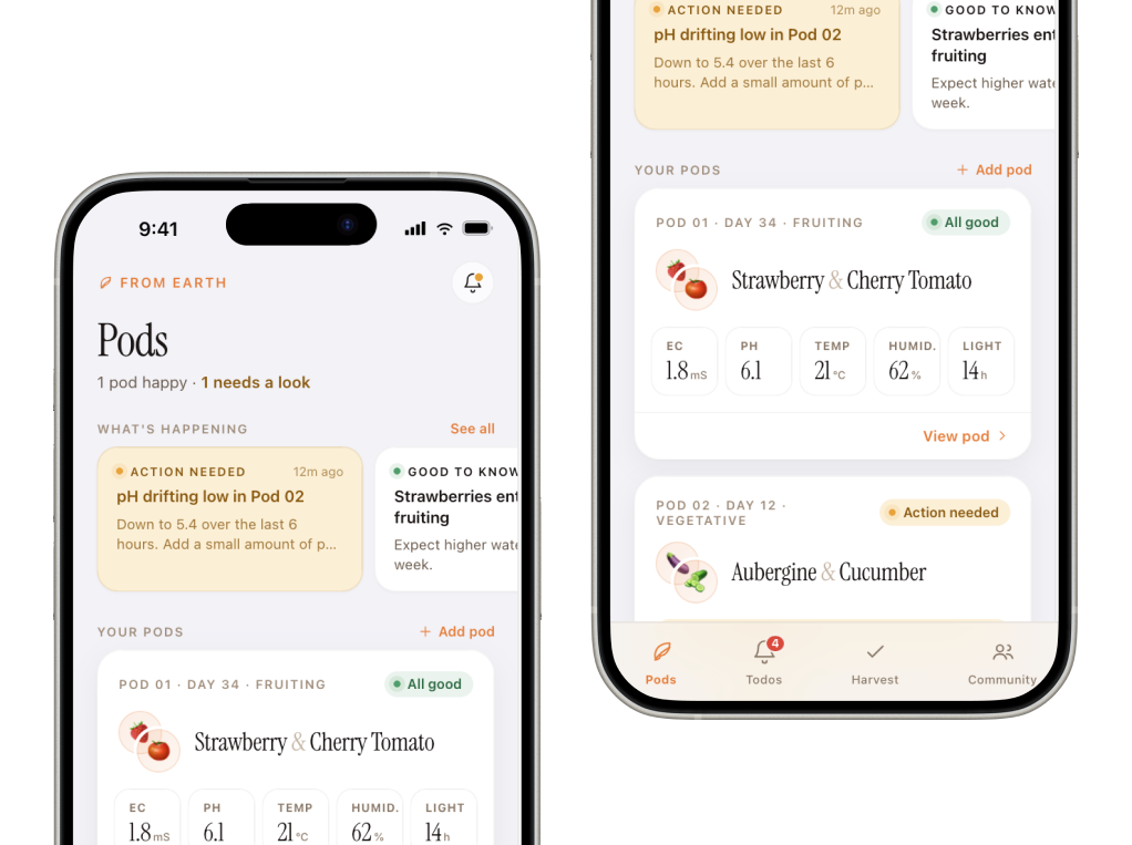 GrowPod app dashboard showing pod status, sensor readings, and grow stages