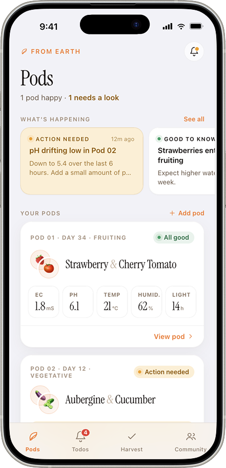 GrowPod app dashboard showing pod status, sensor readings, and grow stages